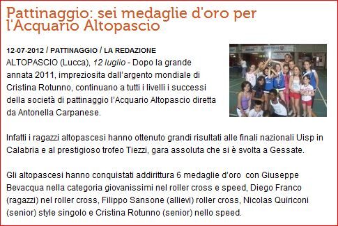 Lo schermo – Articolo sul campionato Italiano Tiezzi e Lamezia – 2012 Acquario pattinaggio.